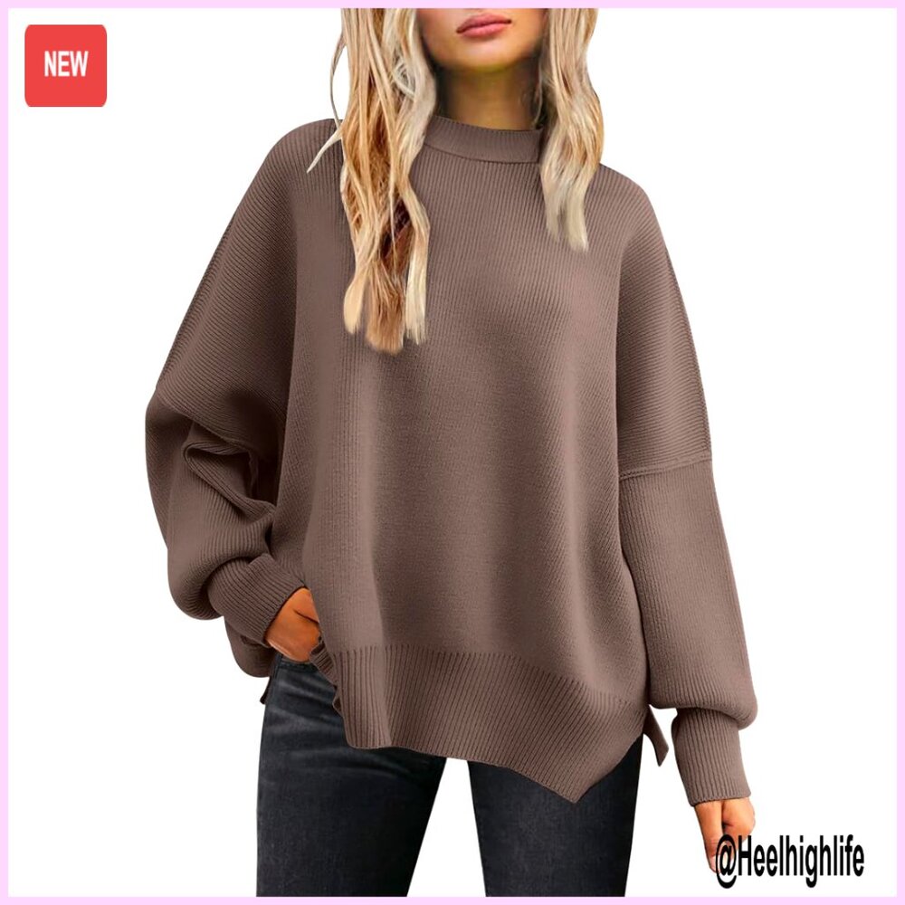 Oversized Batwing Sweater Crewneck Pullover Side Slit Knit Top
